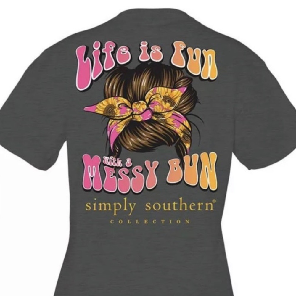 NWT Simply Southern gray life is fun with a messy bun pink ribbon t-shirt